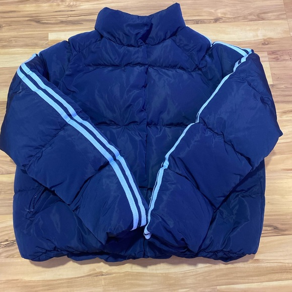 Navy Puffer Jacket with Light Blue Stripes - Picture 1 of 2